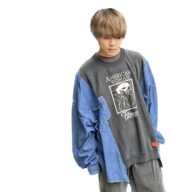リメイク　カレッジスウェット x デニムシャツ　ワイドプルオーバー（男女兼用）R-1874D ⑦　エコ サステナビリティ ヴィンテージ 再構築 一点物
