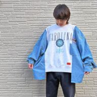 リメイク　カレッジスウェット x デニムシャツ　ワイドプルオーバー（男女兼用）R-1874C ⑦　エコ サステナビリティ ヴィンテージ 再構築 一点物