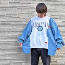 リメイク　カレッジスウェット x デニムシャツ　ワイドプルオーバー（男女兼用）R-1874C ⑦　エコ サステナビリティ ヴィンテージ 再構築 一点物