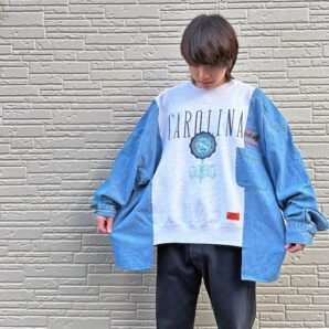 リメイク　カレッジスウェット x デニムシャツ　ワイドプルオーバー（男女兼用）R-1874C ⑦　エコ サステナビリティ ヴィンテージ 再構築 一点物
