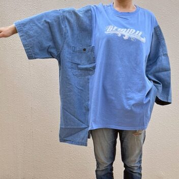 プリントTシャツ ドッキング デニムシャツ ワイドプルオーバー R-1905 K ⑧（男女兼用）