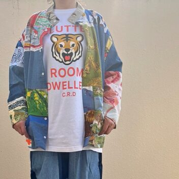 バンド衿　タペストリー生地パッチワークシャツ R-2321A ⑧（男女兼用)